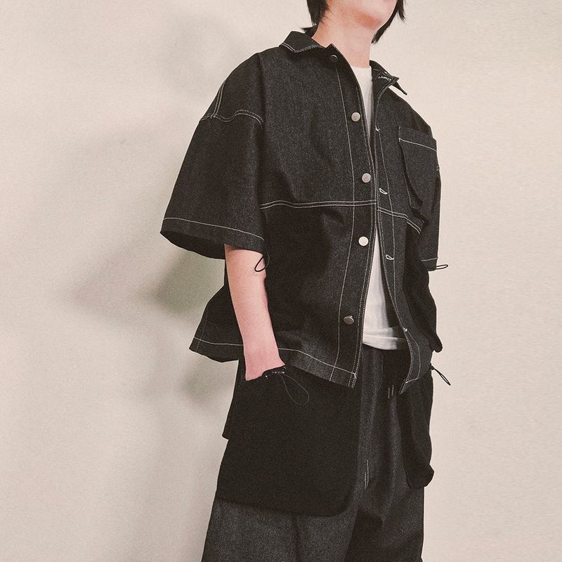 reverse terry pocket denim shortsleeve shirt_black