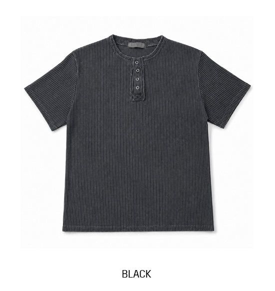 Wheat Pigment Rib Muscle Henley Neck Short Sleeve T-shirt
