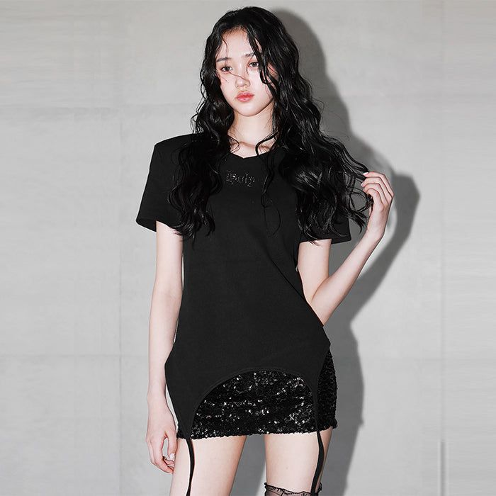 ショルダーパデットワッフルTシャツ _ ブラック