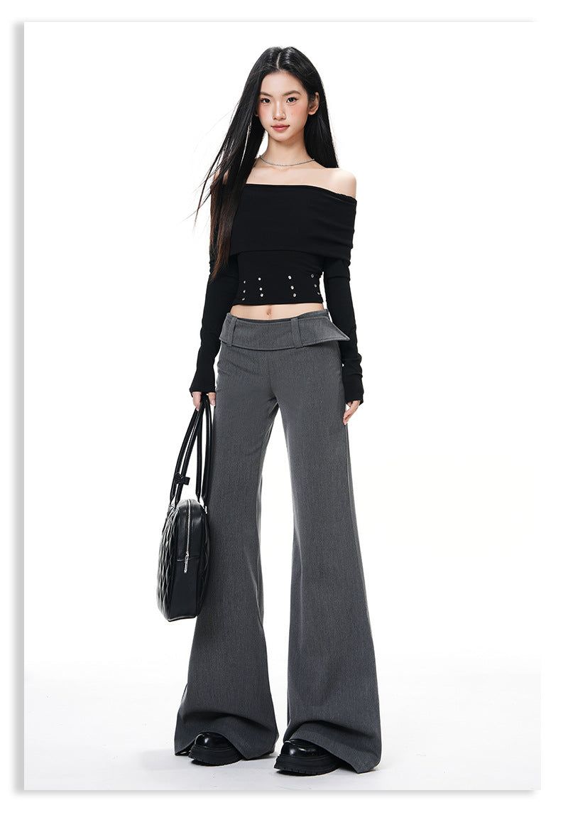 French Low-Waist Micro Flare Slacks – Tailored Slim Wide Casual Pants