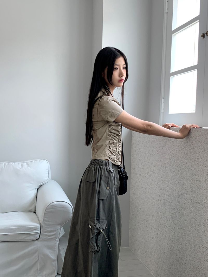 Pave gopchang pleated shirring two-way nylon short-sleeved jacket