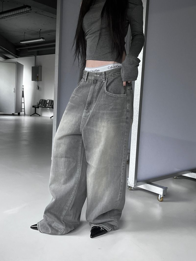 gray shirring washed denim