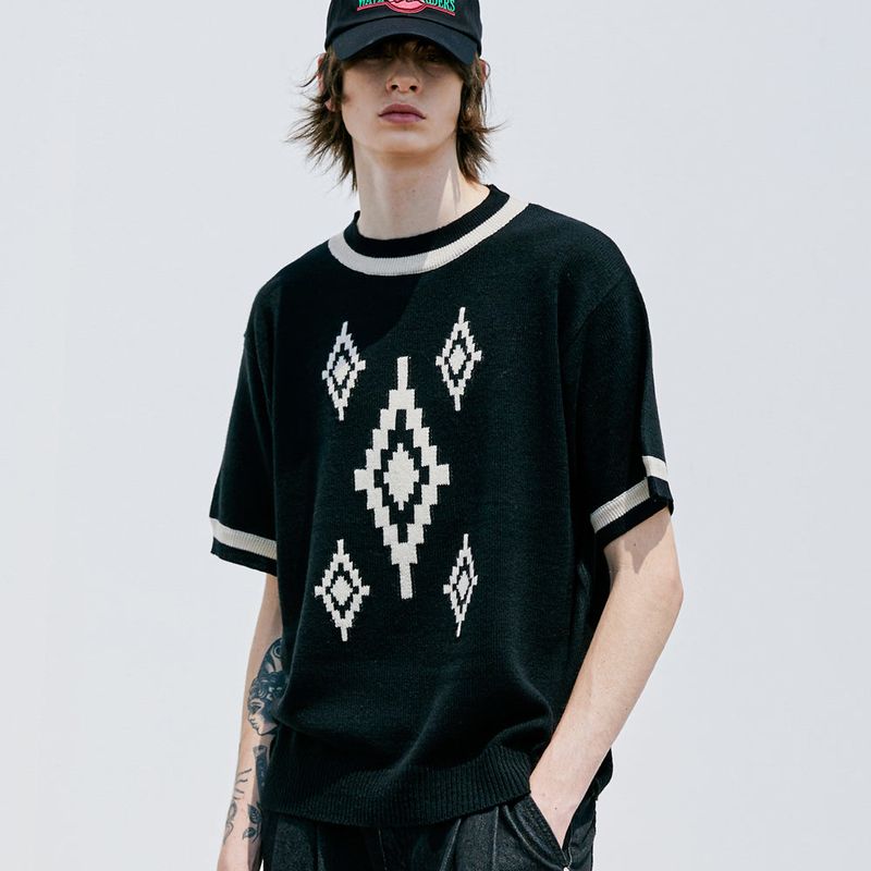 NAVAJO PATTERN RINGER HALF KNIT BLACK