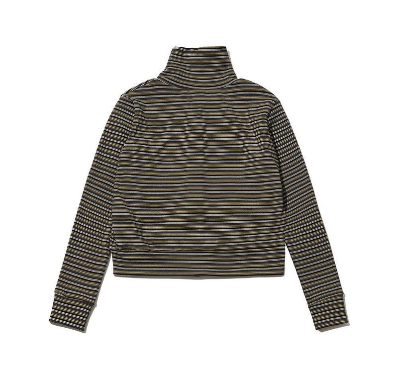 STRIPED HIGH NECK BUTTON CARDIGAN - OLIVE