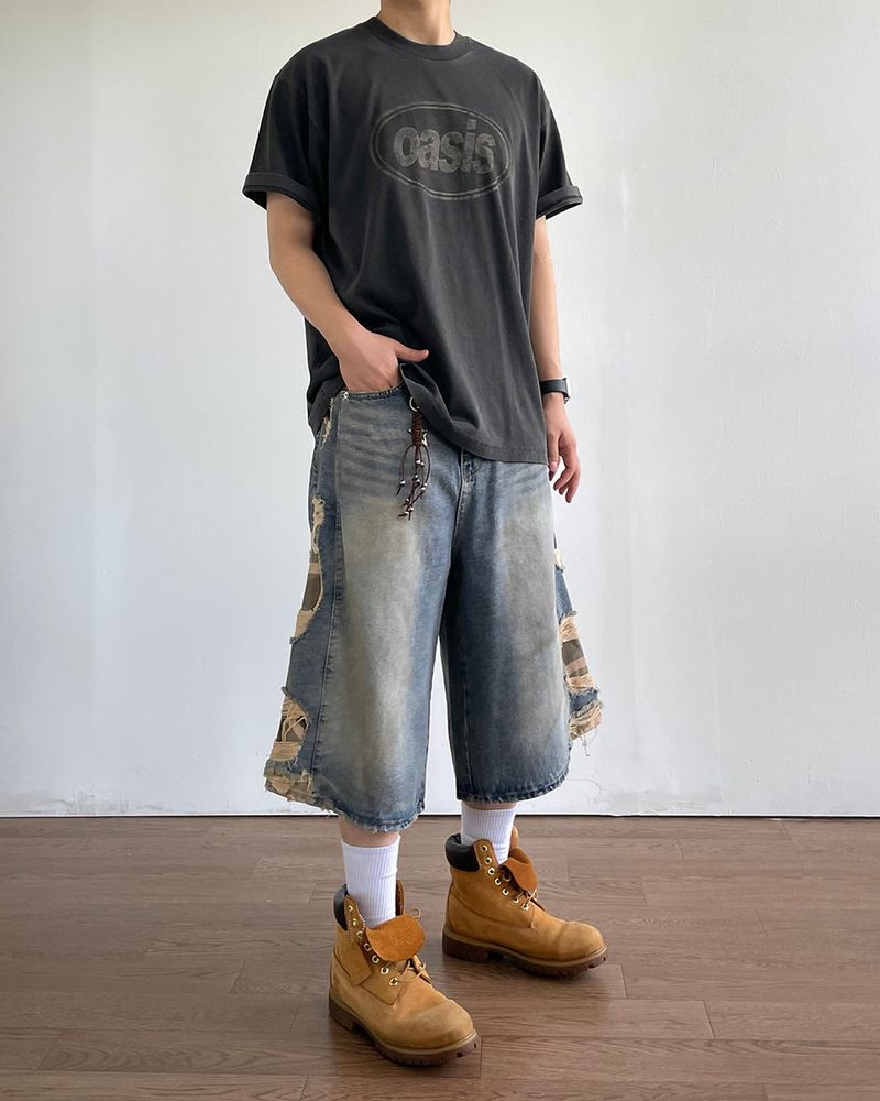 Destroyed Camouflage Denim Half Pants