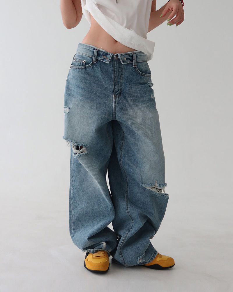 Roll-up collar vintage cutting wide denim