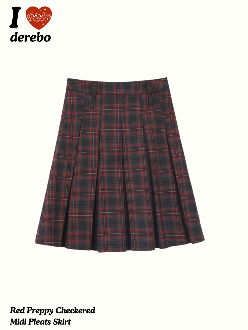 dereborujo（ドレボルゾー）の「Red Preppy Checkered Midi Pleats Skirt（Skirts）」
