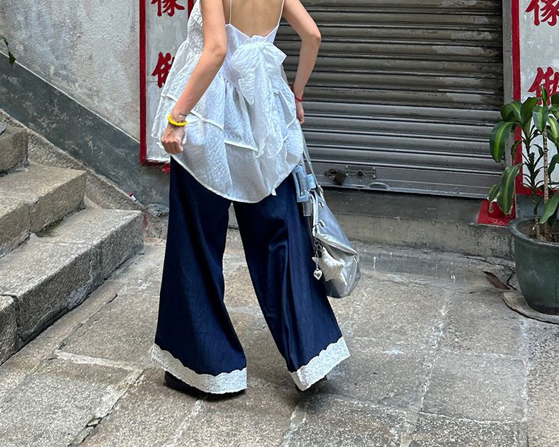 double ribbon jacquard bustier long blouse