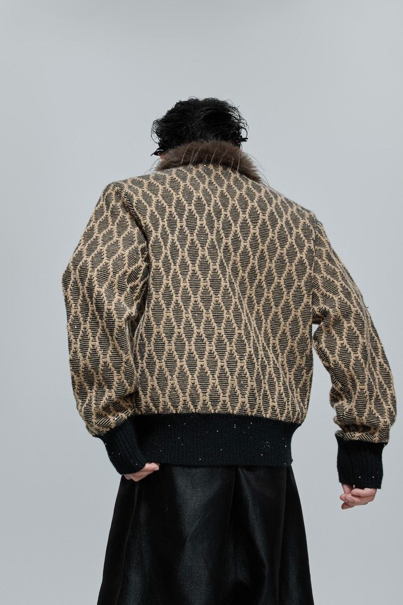 Sequin Knit Cardigan with Fur Collar