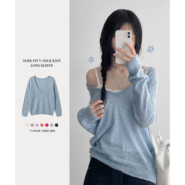 hijjoo（ハイチュー）の「ウール ニット フェス ルーズフィット ディープ Vネック ニット (7 colors)（トップス）」
