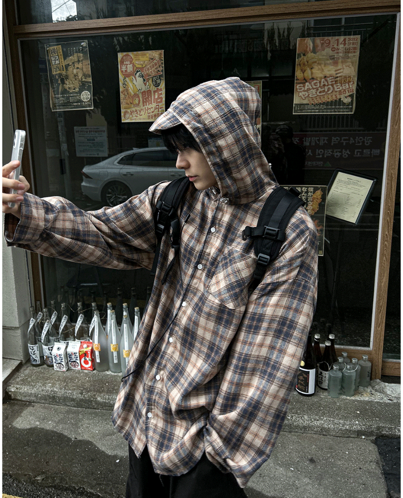 lable hood check shirt