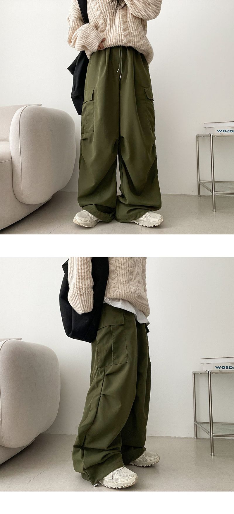 Bicol String Pleated Cargo Wide Pants