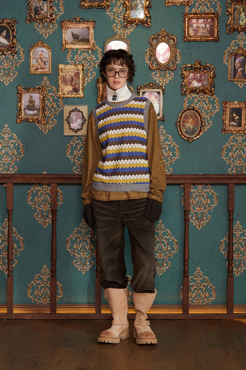 STRIPE CROCHET KNIT VEST / YELLOW