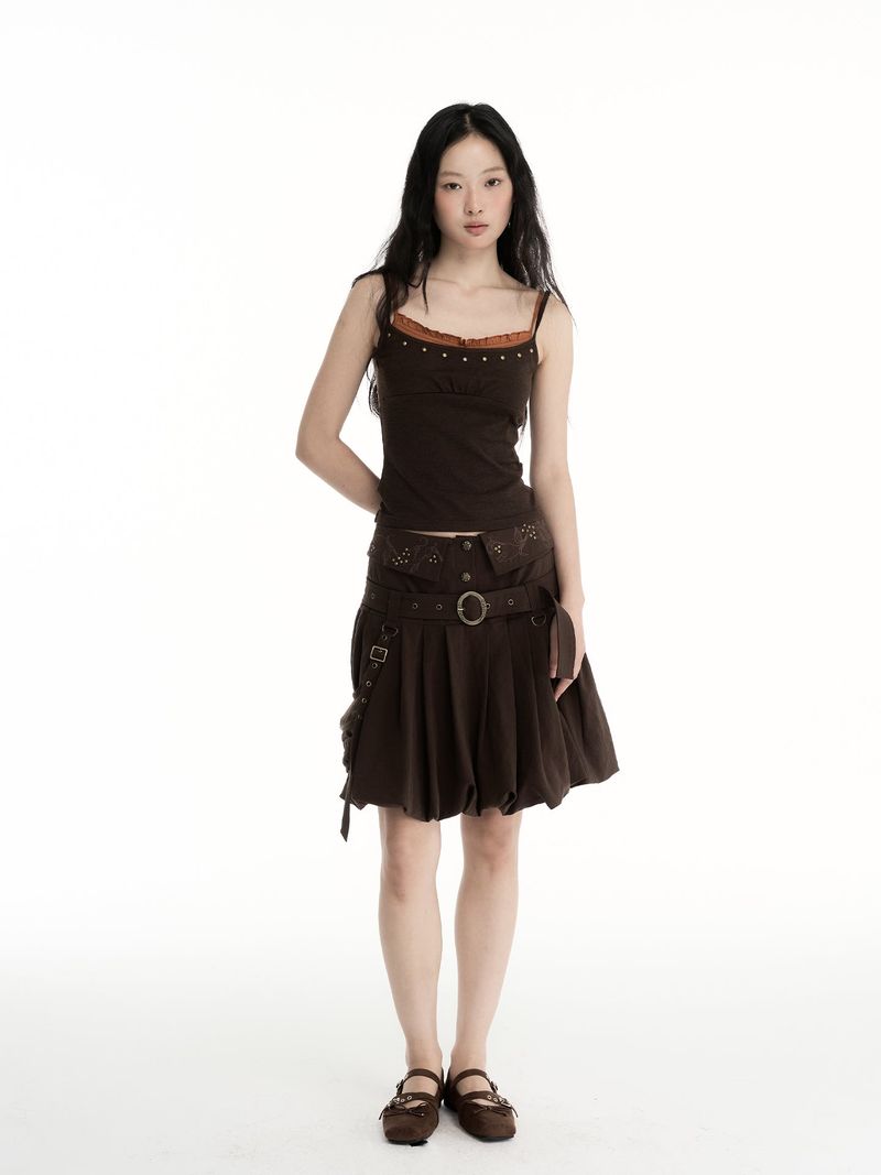 CONFUN Wool Color-Contrasting Fake Two-Piece Earflap Embroidered Bezel Beaded Collar Top