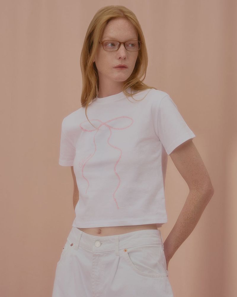 WAVE PEARL RIBBON CROP TSHIRT-WHITE