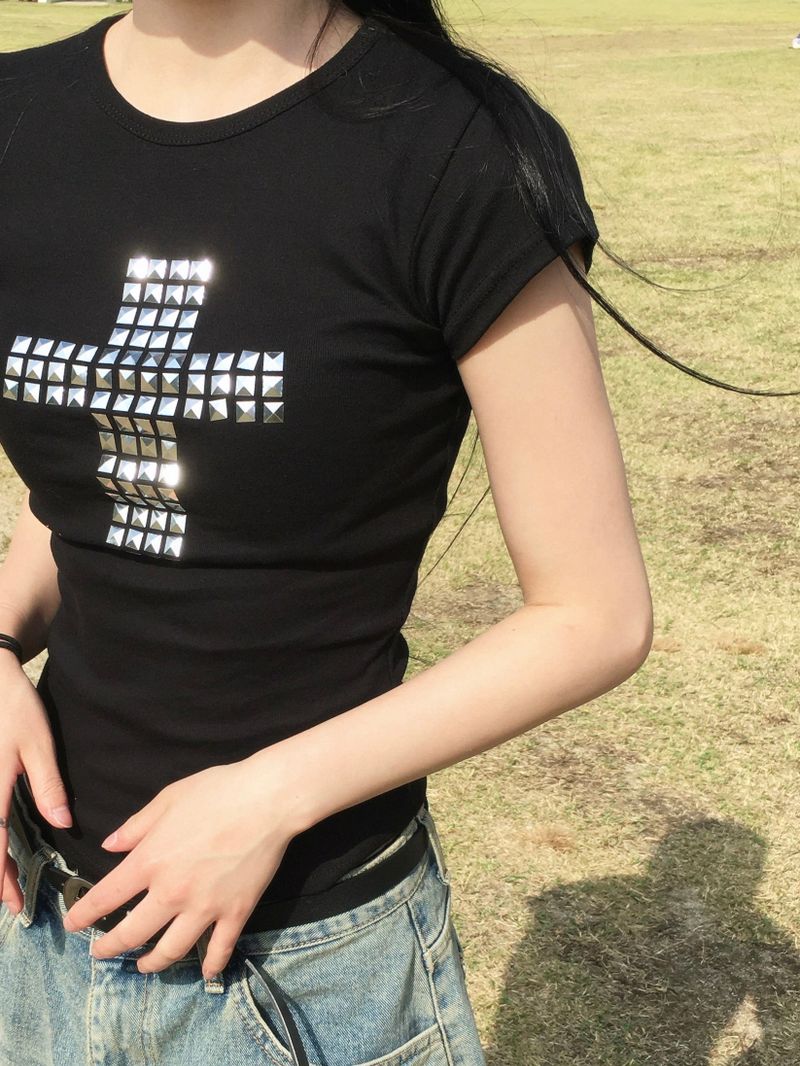 Metal Cross Stud Slim Short Sleeve Tee (3c)