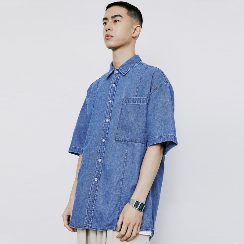 FRONT SEAM WASHED DENIM SHIRT LIGHTBLUE