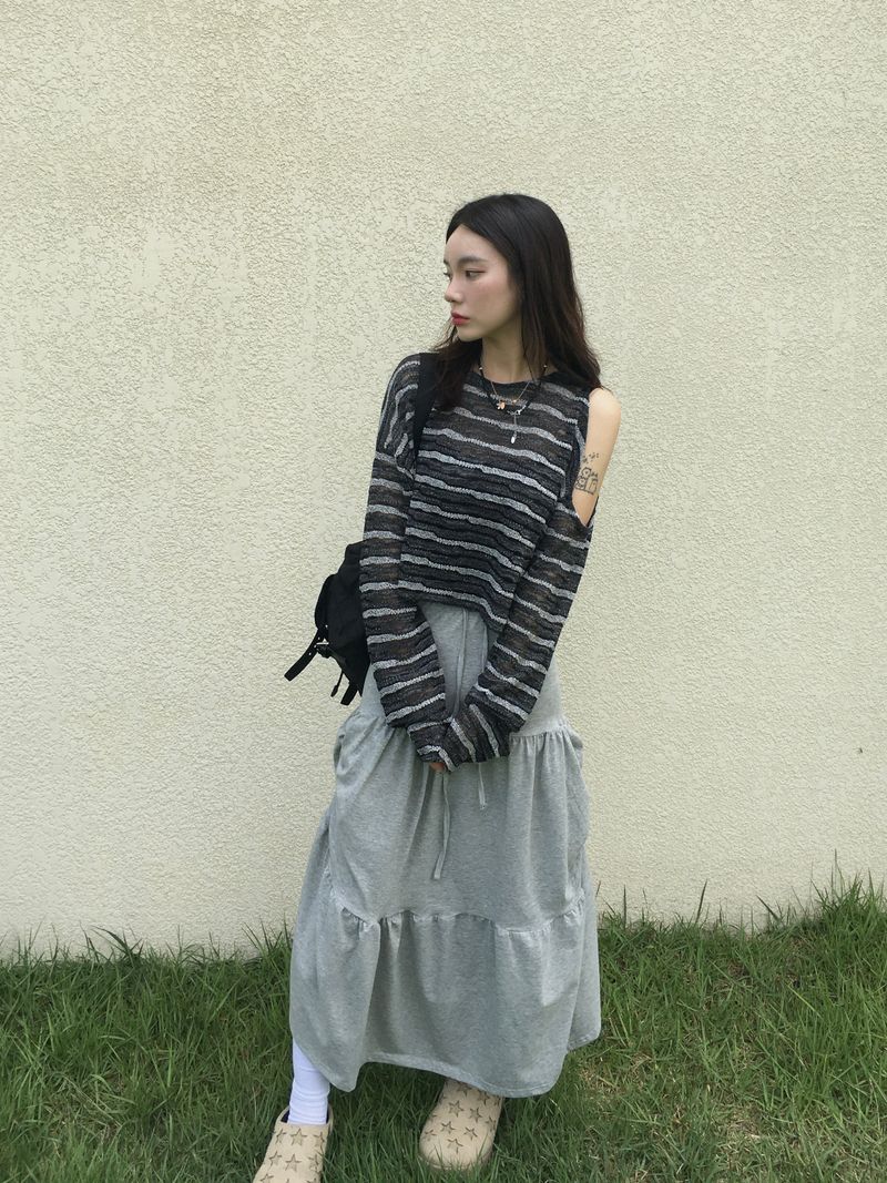 Shuming Unbal Shirring Banding Long Skirt (2c)  