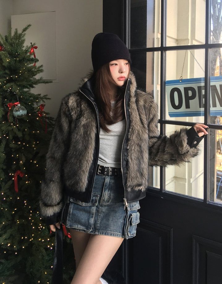 Casey High Neck Leather Fur Jumper