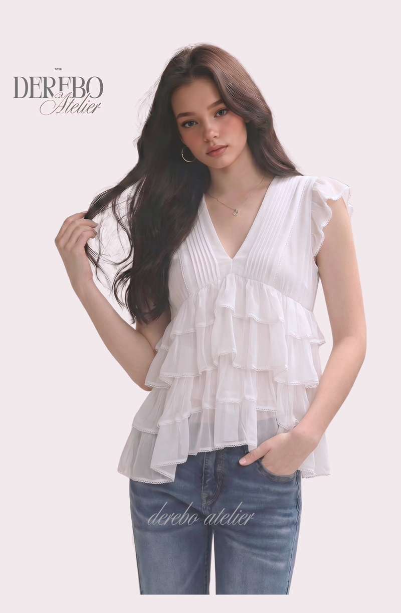 Lady Frilled Chiffon V Blouse