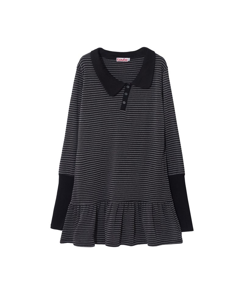 STRIPE ASYMMETRY COLLAR ONE PIECE - BLACK