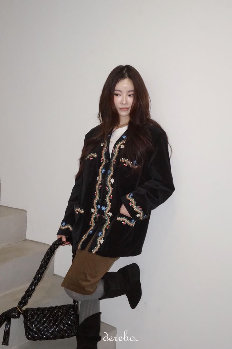 French velvet embroidered no collar jacket