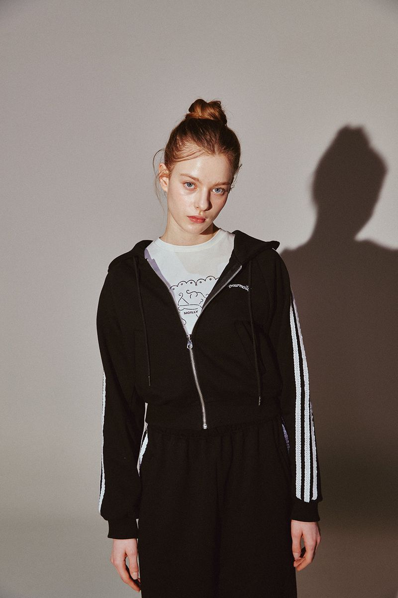 Lace Tape Hood Zip-Up Black