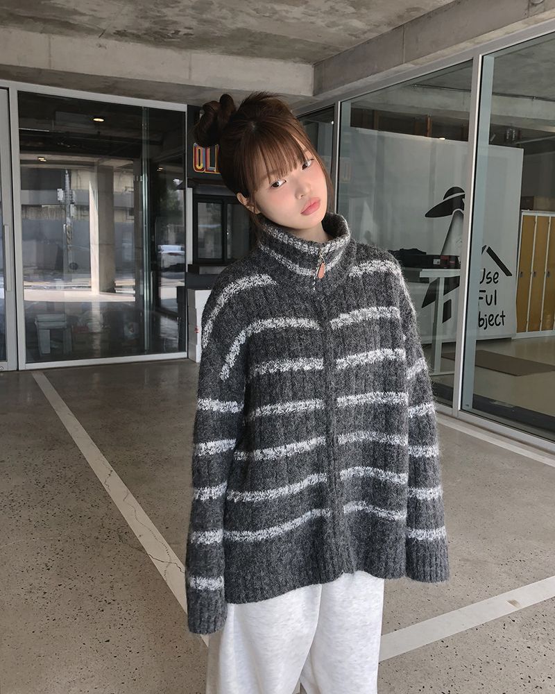Boyu Striped Mohair Zip-Up Knit Cardigan
