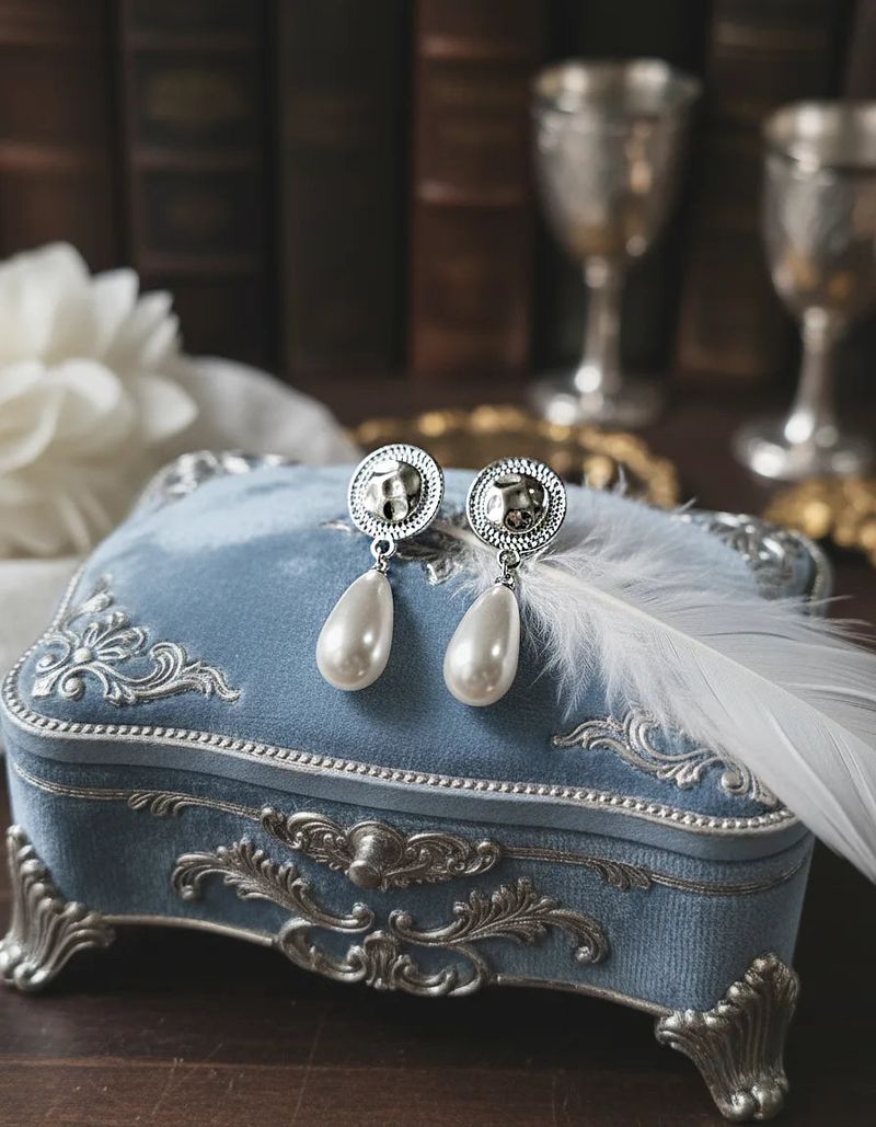 Ethnic Button and Long Pearl Earrings - Silver Color