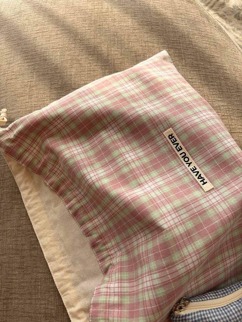 Pattern string pouch - pink check , M size