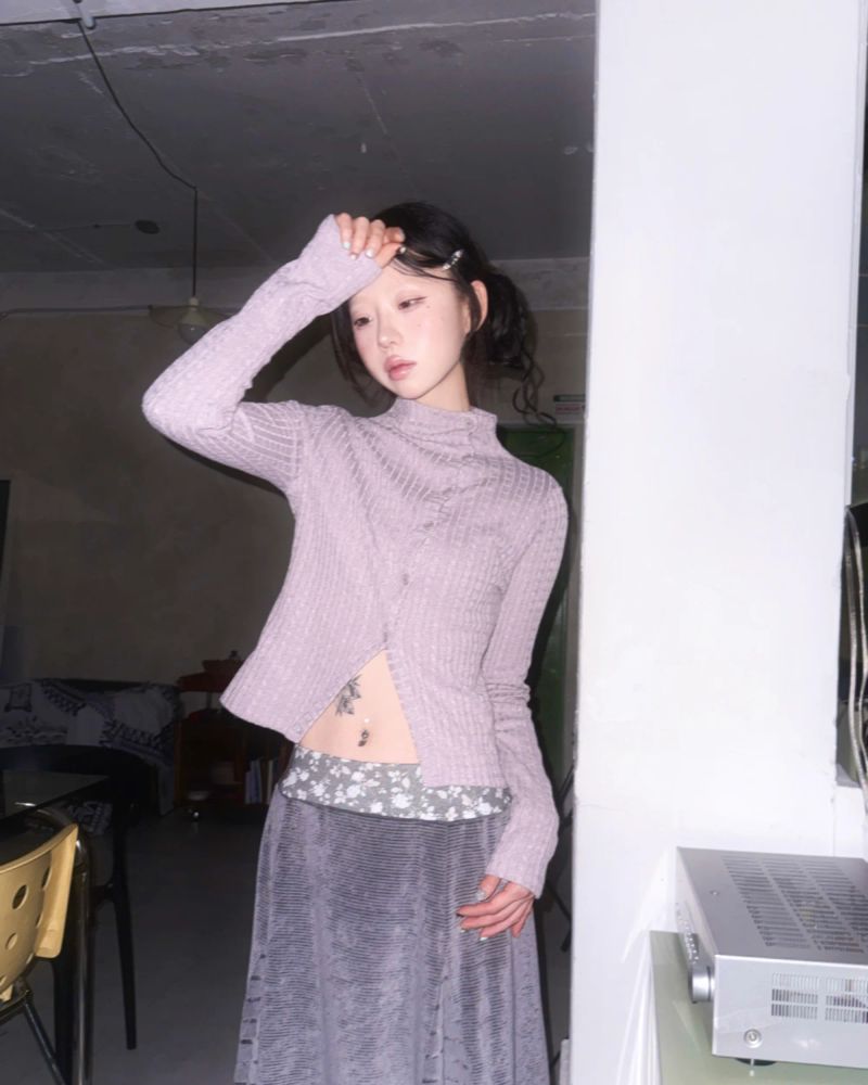 (3color) Slit Cable High-Neck Slim Cardigan