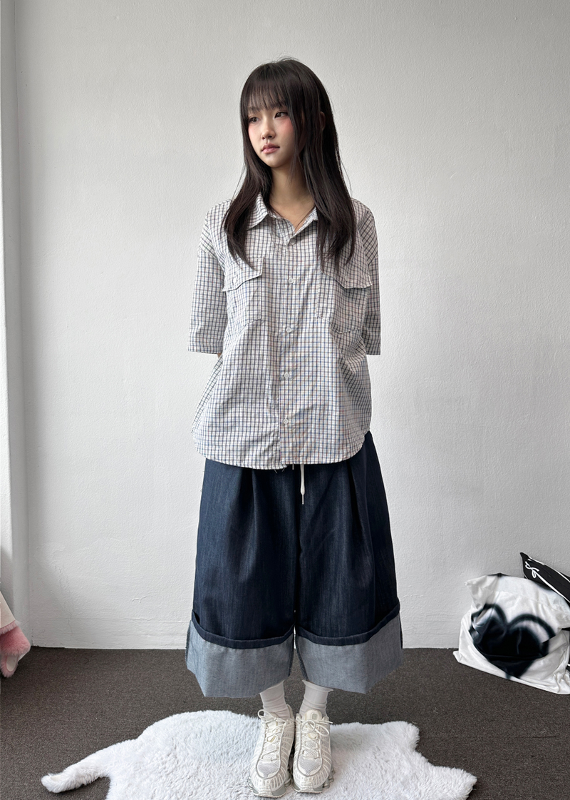 Cake Check Button Collar Short Sleeve Shirt 2 COLORS