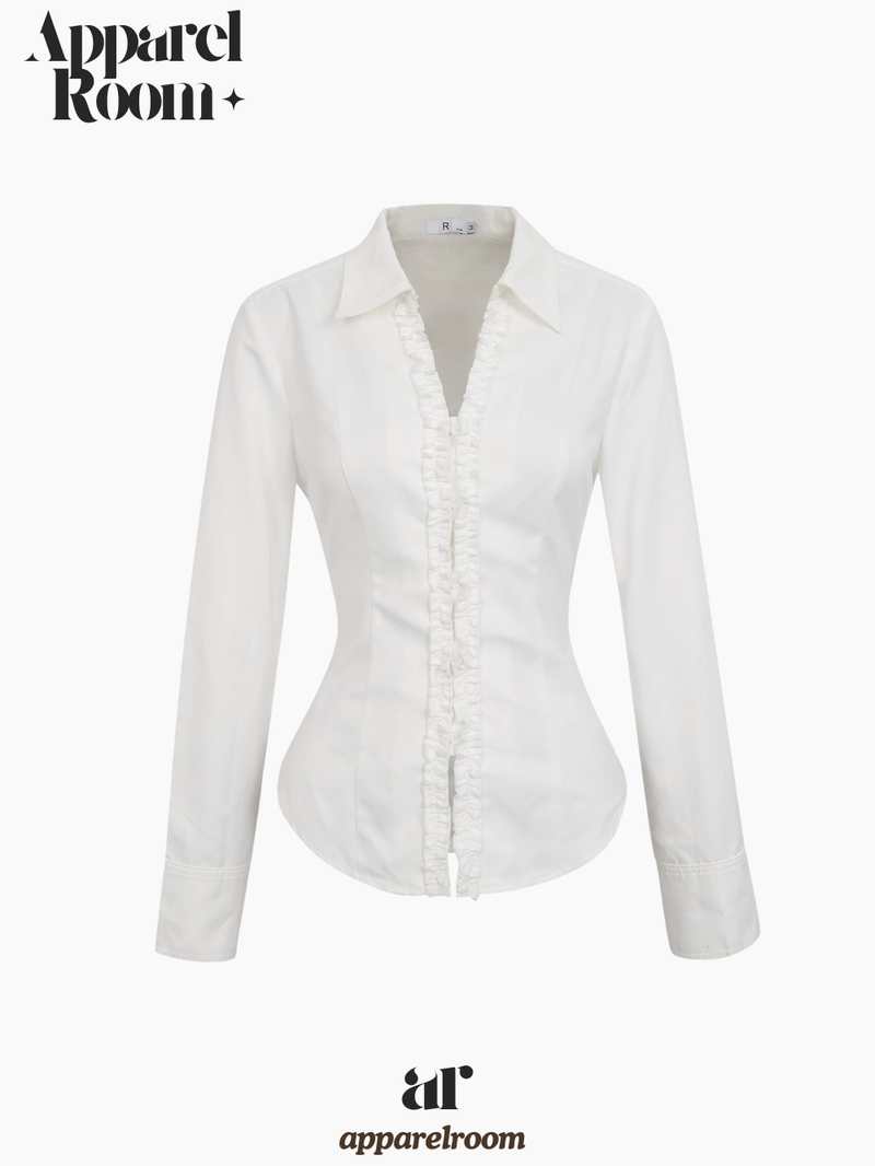 White V-neck Frill Style Long-Sleeved Shirt