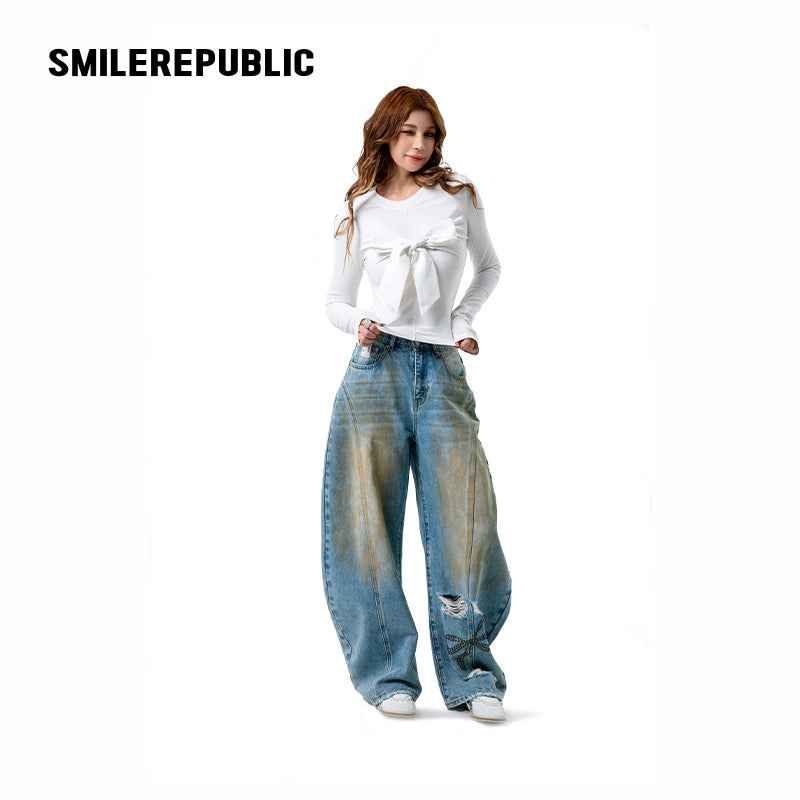 SMILEREPUBLIC（スマイルリパブリック）の「White 100% Cotton Sculptural 3D Bow Long Sleeve Crew Neck Top for Women（Tops）」