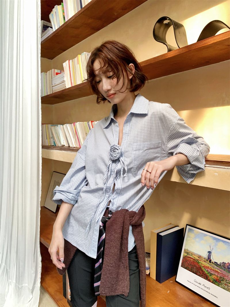 French Corsage Shirring Flower Tie Loose-Fit Check Shirt