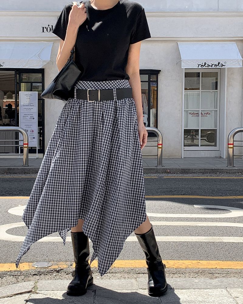 Morang check skirt & belt set