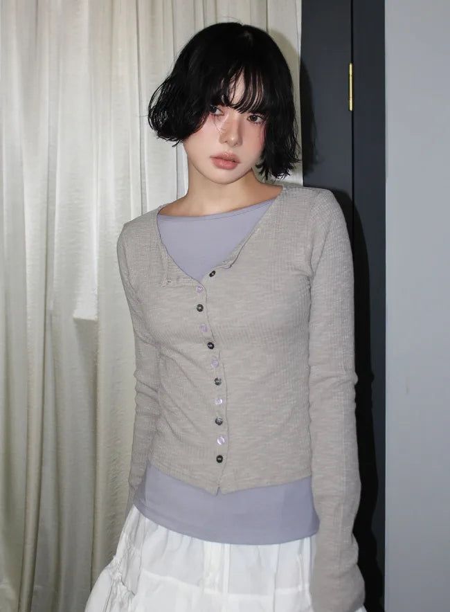COLOR BUTTON RIBBED CARDIGAN