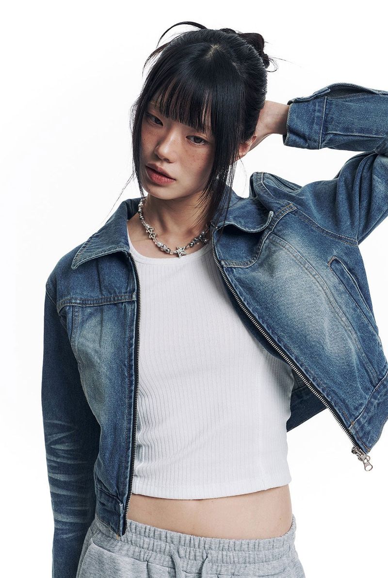Washed Crop Track Denim Jacket - Deep Blue