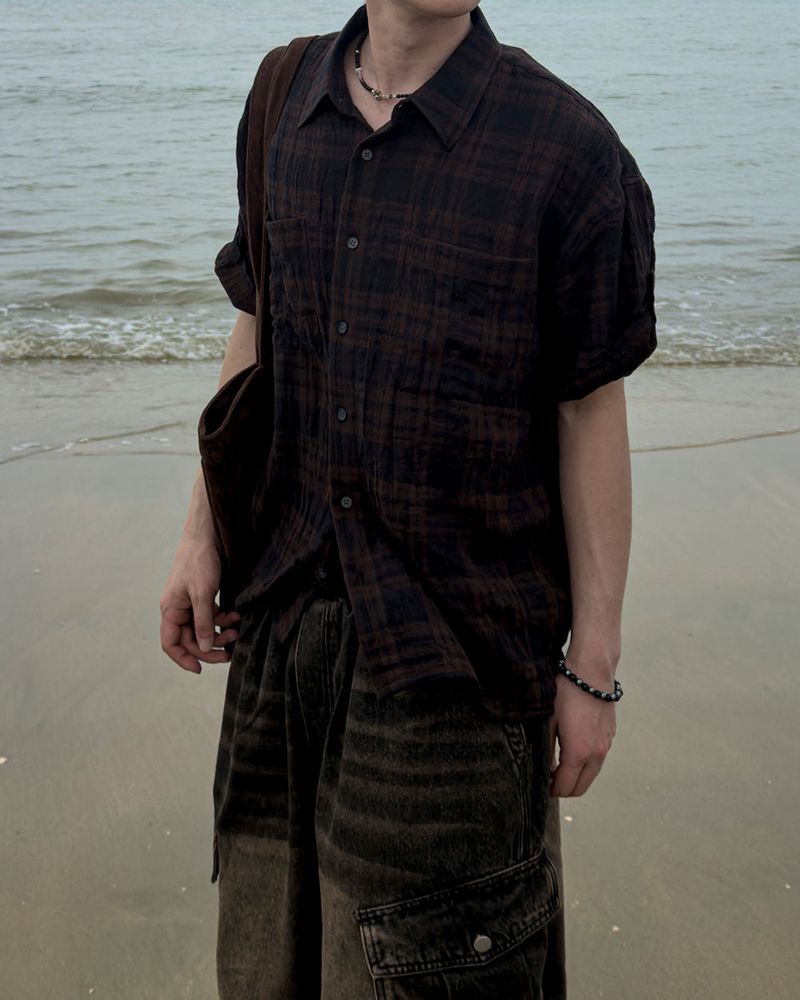 Embossed Texture Check Roll-Up Shirt