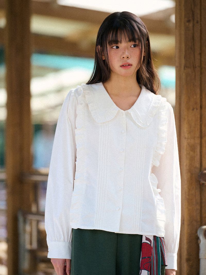 Frill Collar Ruffle-Tuck Blouse (2colors)