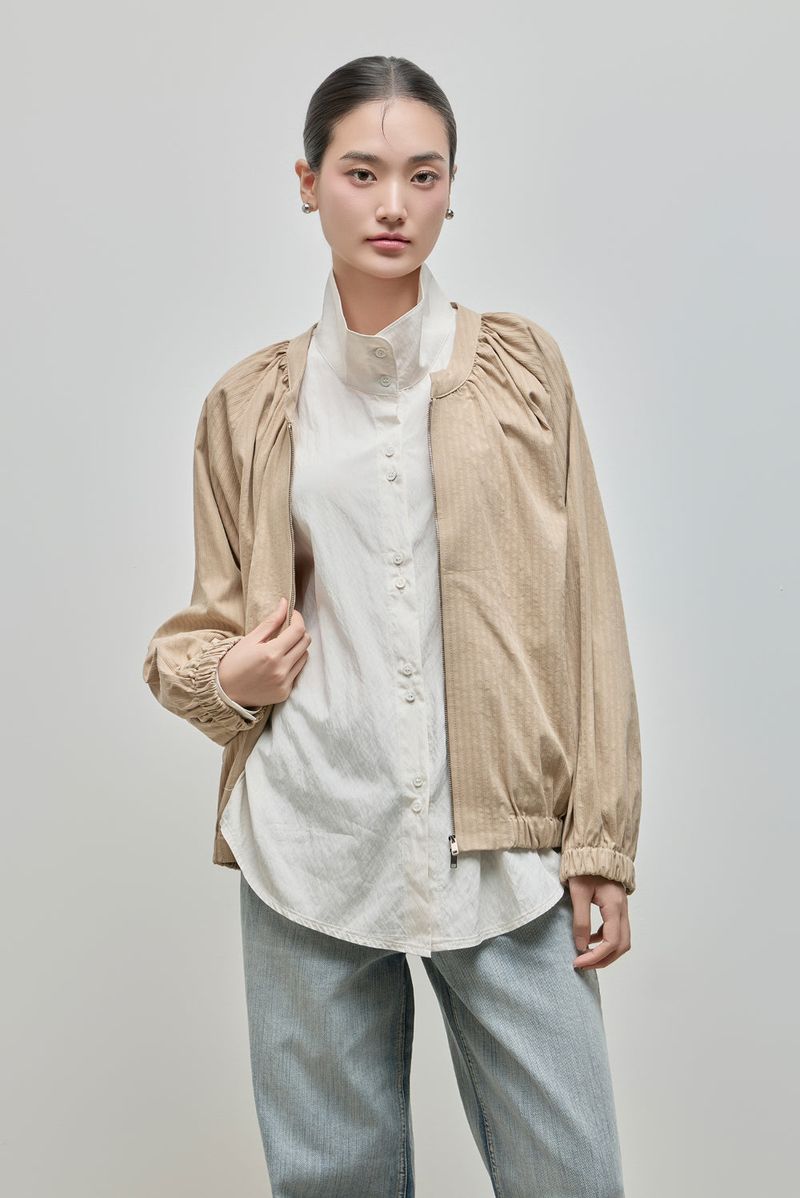 Shirring Zip-up Blouse Jumper_Beige
