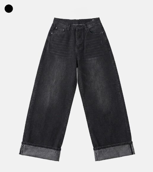 Cuffed cat washing denim pants