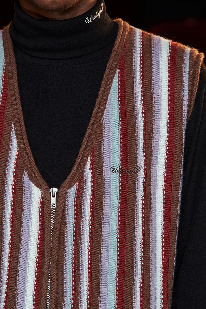 STRIPE ZIP KNIT VEST / BROWN
