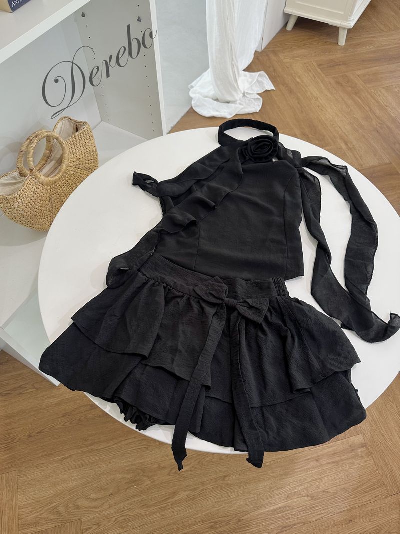 black rose frill halter neck skirt two-piece