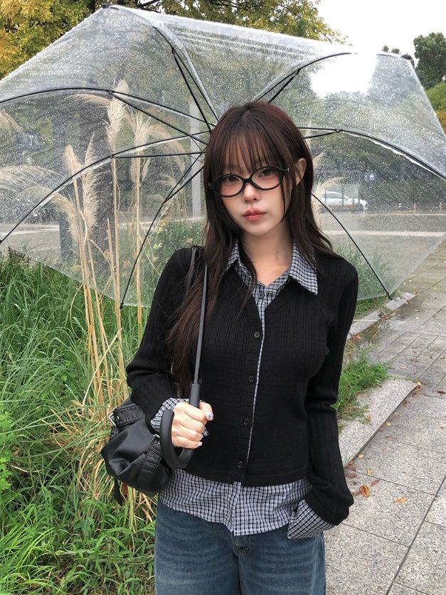 anyonemore（エニーワンモアー）の「Risha Check Collar Knit Shirt Rib Cardigan（Tops）」