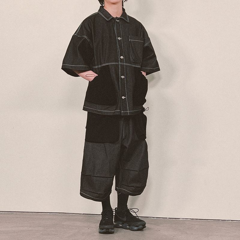 reverse terry pocket denim shortsleeve shirt_black