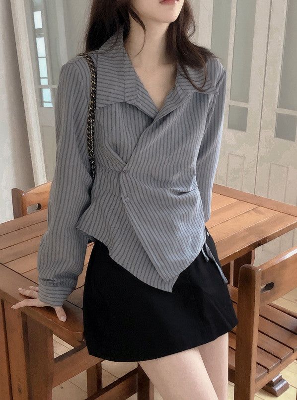 MT Pintuck Strap Button Stripe Wrap Shirt (3color)