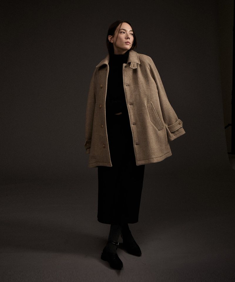 W BALMACAAN HERRINGBONE WOOL CASHMERE HALF COAT BEIGE