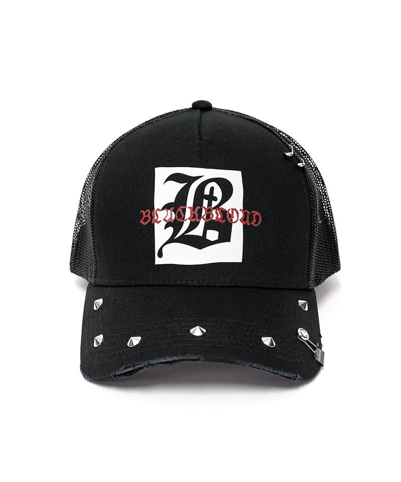 BLACKBLOND（ブラックブロンド）の「BBD Graphic B Logo Stud Trucker Mesh Cap (Black)（Hats）」