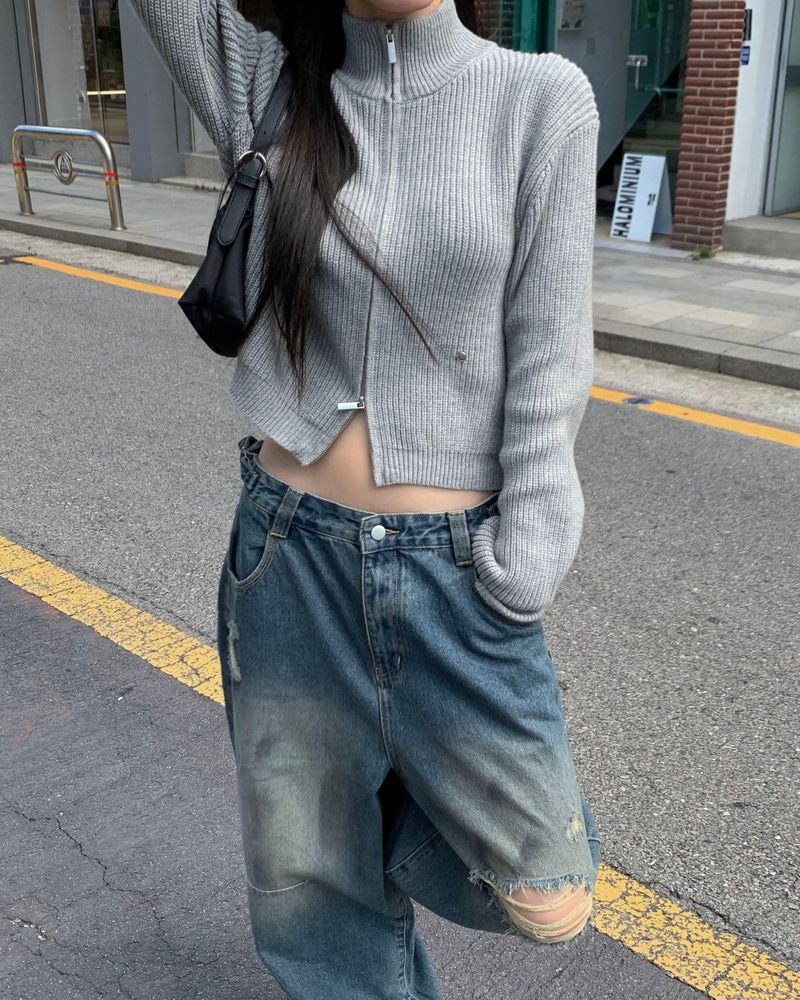 (Unisex) ボタンダメージデニムパンツ